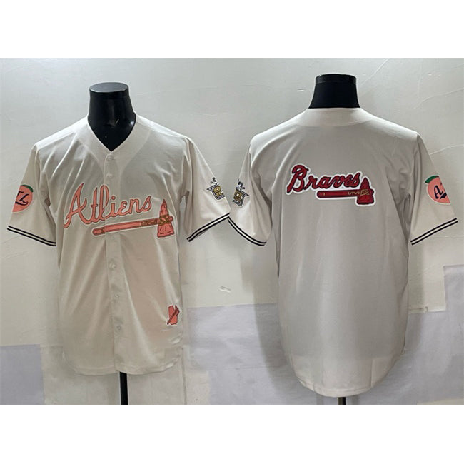 Atlanta Braves Team Big Logo Cream Puhics 2024 Atliens & Peach With Outkast Patch Vapor Limited Stitched Jersey