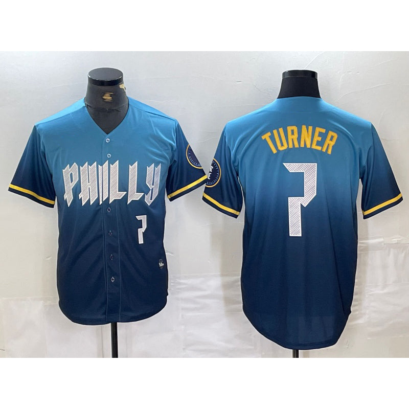 Philadelphia Phillies #7 Trea Turner Number Blue Puhics 2024 City Connect Limited Stitched Jersey 2