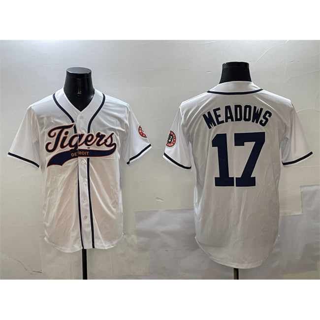 Detroit Tigers #17 Parker Meadows White Puhics With Patch Cool Base Stitched Jersey
