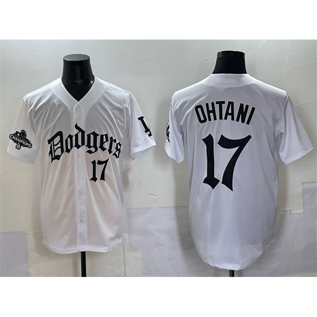 Los Angeles Dodgers #17 Shohei Ohtani White Puhics 2025 LA Gothic Style With 2024 World Series Champions Patch Vapor Premier Limited Stitched Jersey