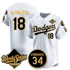 Los Angeles Dodgers #18 Yoshinobu Yamamoto White Gold Puhics 2025 World Series With No.34 Patch Limited Stitched Jersey