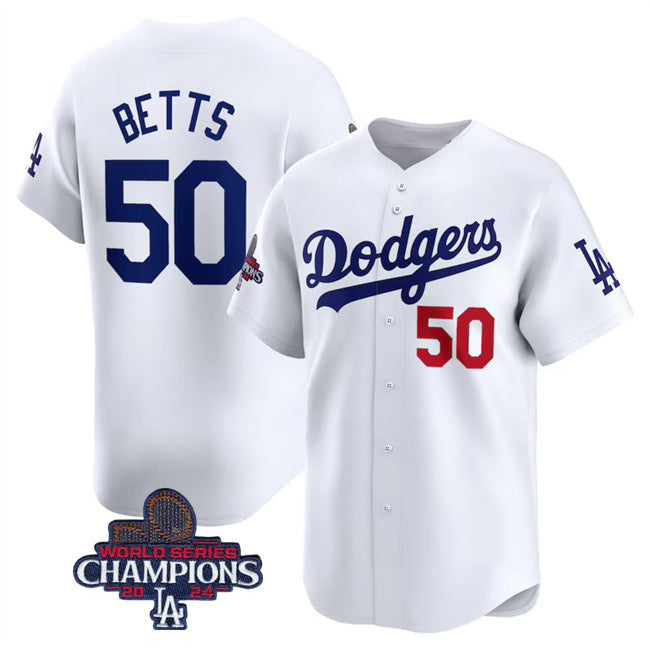 Los Angeles Dodgers #50 Mookie Betts White Puhics 2024 World Series Champions Home Limited Stitched Jersey