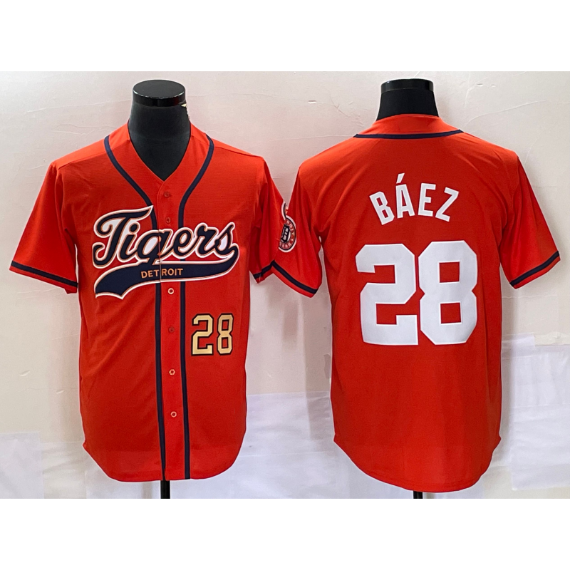 Detroit Tigers #28 Javier Baez Number Orange Puhics Cool Base Stitched Jersey