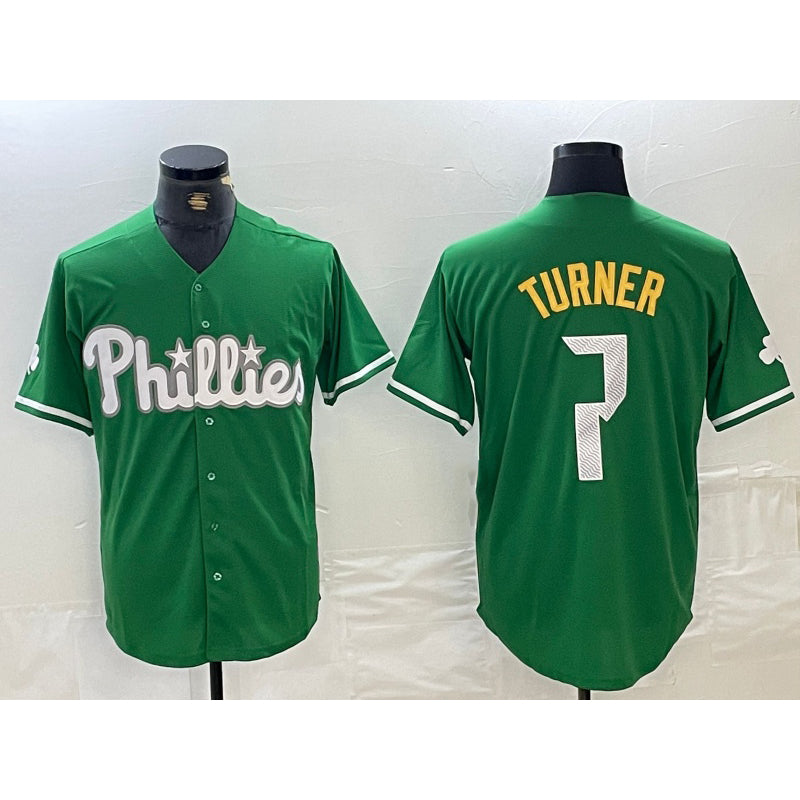 Philadelphia Phillies #7 Trea Turner Kelly Green Puhics Cool Base Jersey