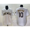 Milwaukee Brewers #10 Sal Frelick White Puhics Pinstripe 2025 With Patch Stitched Jersey