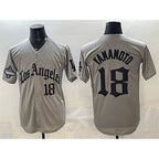 Los Angeles Dodgers #18 Yoshinobu Yamamoto Grey Puhics LA Gothic Style With 2025 World Series Champions Patch Limited Stitched Jersey
