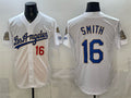 Los Angeles Dodgers #16 Will Smith White Puhics 2026 Gold Collection 9x & B2B Champs Patch Stitched Jersey