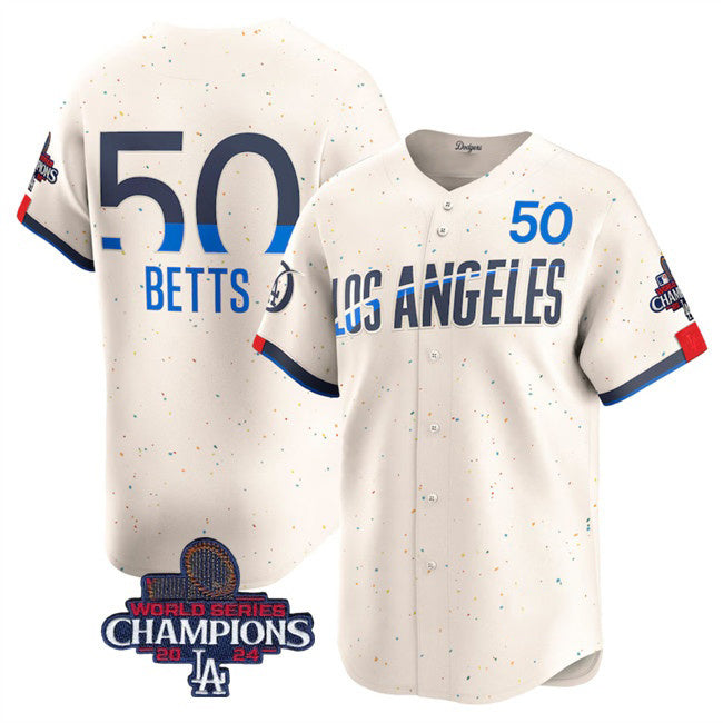 Los Angeles Dodgers #50 Mookie Betts Cream Puhics 2024 World Series Champions City Connect Limited Stitched Jersey