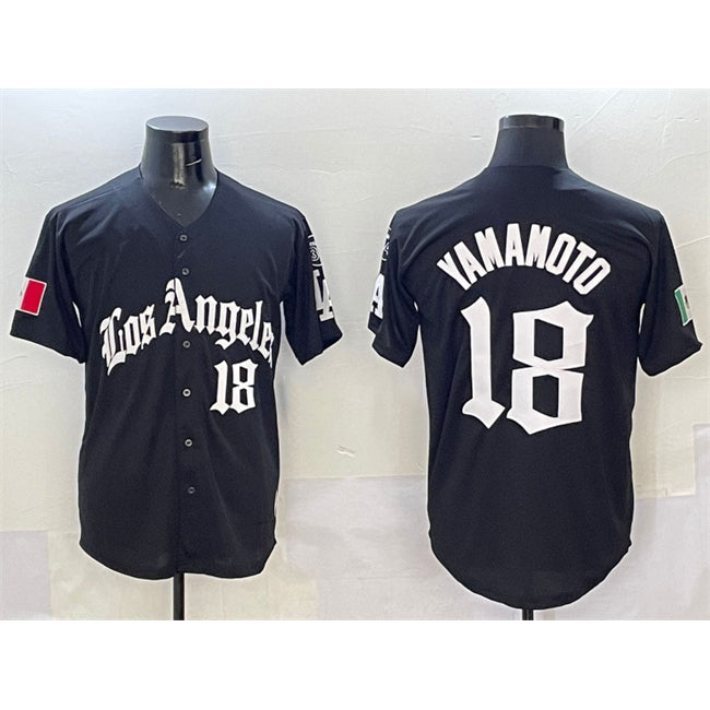 Los Angeles Dodgers #18 Yoshinobu Yamamoto Black Puhics Mexico 2025 LA Gothic Style With Fernando Patch Vapor Premier Limited Stitched Jersey
