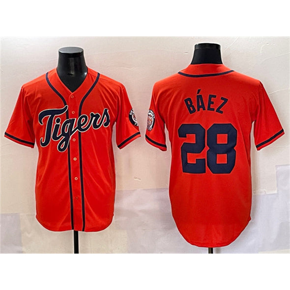 Detroit Tigers #28 Javier B¨¢ez Orange Puhics With Patch Cool Base Stitched Jersey