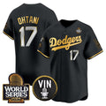 Los Angeles Dodgers #17 Shohei Ohtani Black Gold Puhics 2024 World Series Vin & Kobe Patch Limited Stitched Jersey