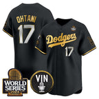 Los Angeles Dodgers #17 Shohei Ohtani Black Gold Puhics 2024 World Series Vin & Kobe Patch Limited Stitched Jersey