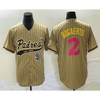 San Diego Padres #2 Xander Bogaerts Tan Puhics Pinstripe 2023 City Connect Cool Base Stitched Jersey 2