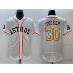 Houston Astros #30 Kyle Tucker 2023 White Gold Puhics World Serise Champions Patch Flex Base Stitched Jersey