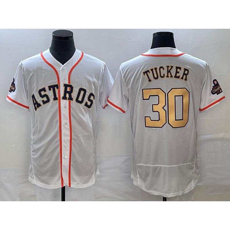 Houston Astros #30 Kyle Tucker 2023 White Gold Puhics World Serise Champions Patch Flex Base Stitched Jersey