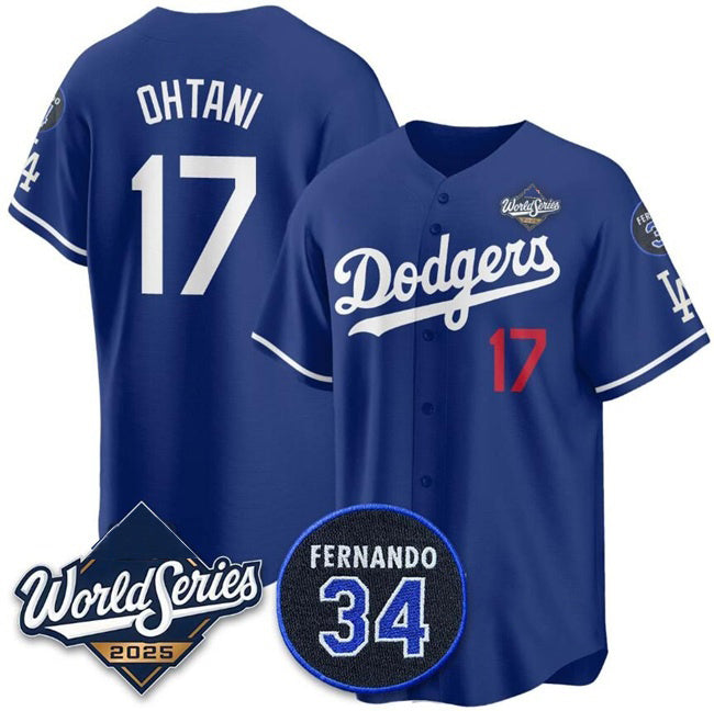 Los Angeles Dodgers #17 Shohei Ohtani Royal Puhics 2025 World Series With No.34 Patch Limited Stitched Jersey