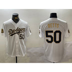 Los Angeles Dodgers #50 mookie betts white gold Puhics 2024 world series with fernando memorial patch limited stitched jersey