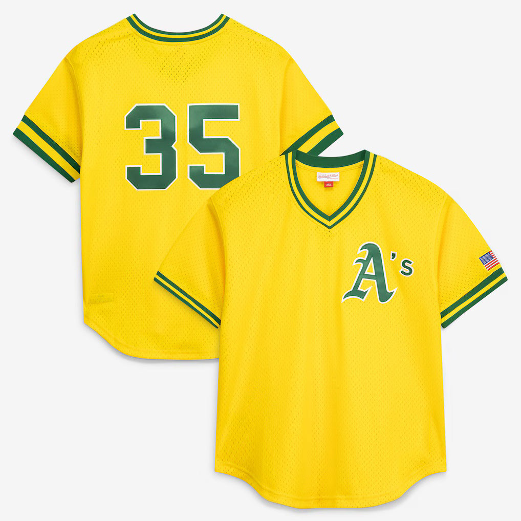 Oakland Athletics #35 Rickey Henderson Mitchell & Ness Yellow Puhics Authentic Batting Practice Jersey