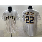 Milwaukee Brewers #22 Christian Yelich White Puhics Pinstripe 2025 With Patch Stitched Jersey