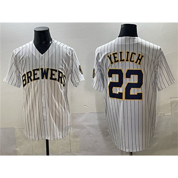 Milwaukee Brewers #22 Christian Yelich White Puhics Pinstripe 2025 With Patch Stitched Jersey