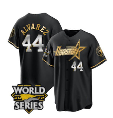 Houston Astros #44 Yordan Alvarez Black Gold Puhics 2022 World Series Stitched Jersey