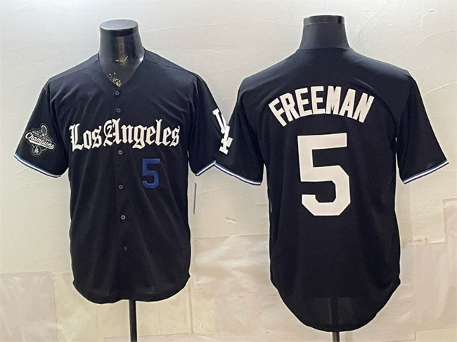 Los Angeles Dodgers #5 Freddie Freeman Black Puhics 2025 World Series Champions Patch 'Gothic Edition' Vapor Premier Limited Stitched Jersey