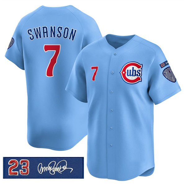Chicago Cubs #7 Dansby Swanson Blue Puhics 'Ryne Sandberg Tribute' Vapor Limited V3 Stitched Jersey