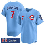 Chicago Cubs #7 Dansby Swanson Blue Puhics 'Ryne Sandberg Tribute' Vapor Limited V3 Stitched Jersey