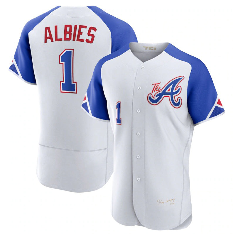 Atlanta Braves #1 Ozzie Albies White Puhics 2023 City Connect Flex Base Stitched Jersey