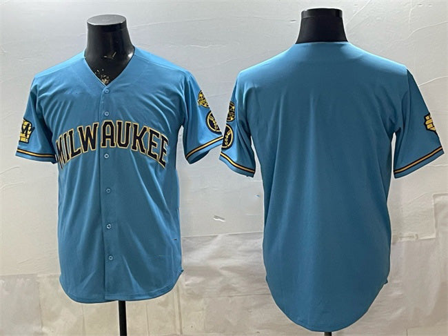 Milwaukee Brewers Blank Blue Puhics With Home & Bob Uecker Patch Stitched Jersey