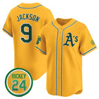 Oakland Athletics #9 Reggie Jackson Yellow Puhics 2024 Limited With Rickey Henderson Patch Stitched Jersey