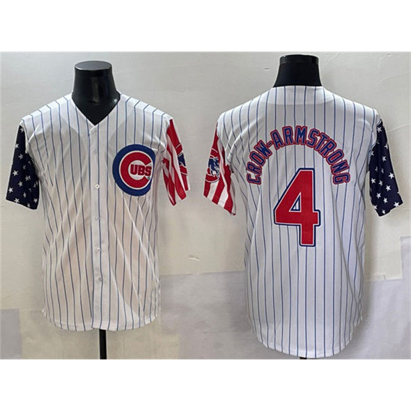 Chicago Cubs #4 Pete Crow-Armstrong White Puhics Pinstripe 2025 Independence Day Vapor Premier Limited Stitched Jersey