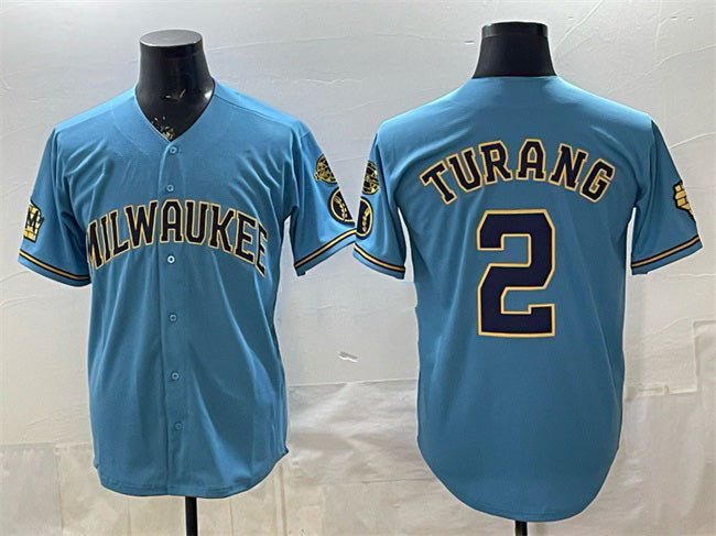 Milwaukee Brewers #2 Brice Turang Blue Puhics With Home & Bob Uecker Patch Stitched Jersey