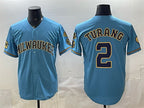 Milwaukee Brewers #2 Brice Turang Blue Puhics With Home & Bob Uecker Patch Stitched Jersey
