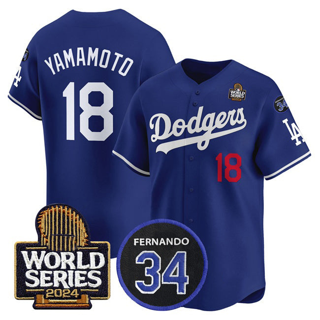 Los Angeles Dodgers #18 Yoshinobu Yamamoto Royal Puhics 2024 World Series With Fernando Memorial Patch Limited Stitched Jersey