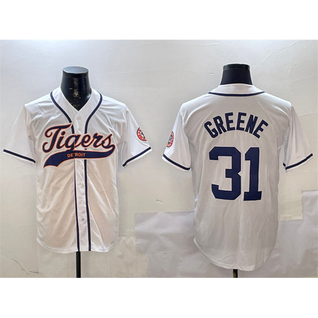 Detroit Tigers #31 Riley Greene White Puhics With Patch Cool Base Stitched Jersey