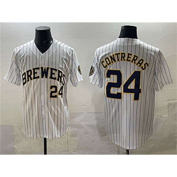 Milwaukee Brewers #24 William Contreras White Puhics Pinstripe 2025 With Patch Stitched Stitched Jersey
