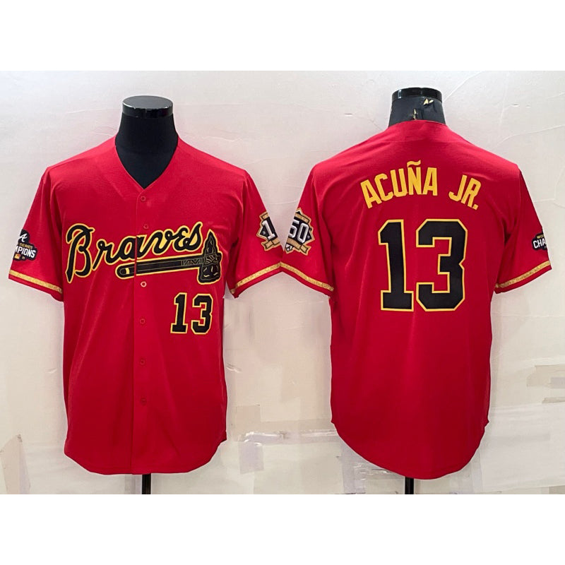 Atlanta Braves #13 Ronald Acuna Jr Red Gold Puhics World Series Champions Program Cool Base Stitched Jersey