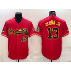 Atlanta Braves #13 Ronald Acuna Jr Red Gold Puhics World Series Champions Program Cool Base Stitched Jersey