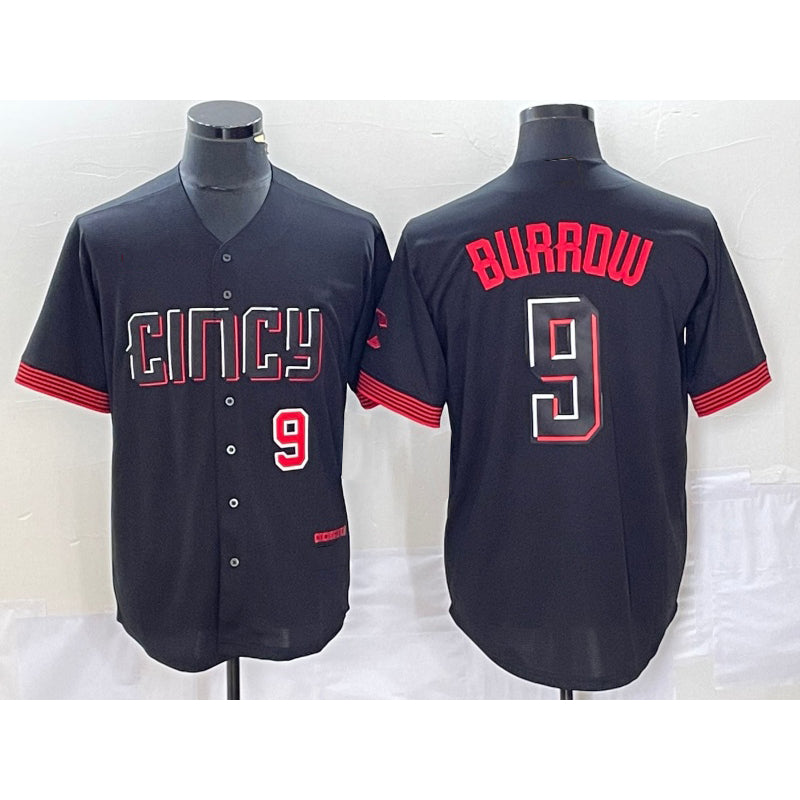 Cincinnati Reds #9 Joe Burrow Number Black Puhics 2023 City Connect Cool Base Stitched Jersey 3