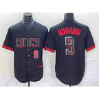 Cincinnati Reds #9 Joe Burrow Number Black Puhics 2023 City Connect Cool Base Stitched Jersey 3