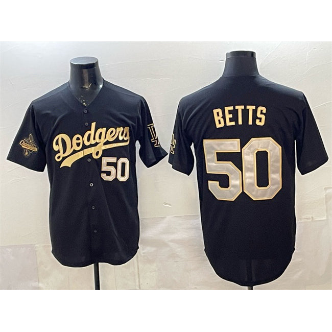 Los Angeles Dodgers #50 Mookie Betts Black Gold Puhics 2025 World Series Champions Patch Limited Stitched Jersey