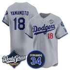 Los Angeles Dodgers #18 Yoshinobu Yamamoto Gray Puhics 2025 World Series With No. 34 Patch Limited Stitched Jersey