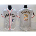 Houston Astros #2 Alex Bregman Number 2023 White Gold Puhics World Serise Champions Patch Flex Base Stitched Jersey 3