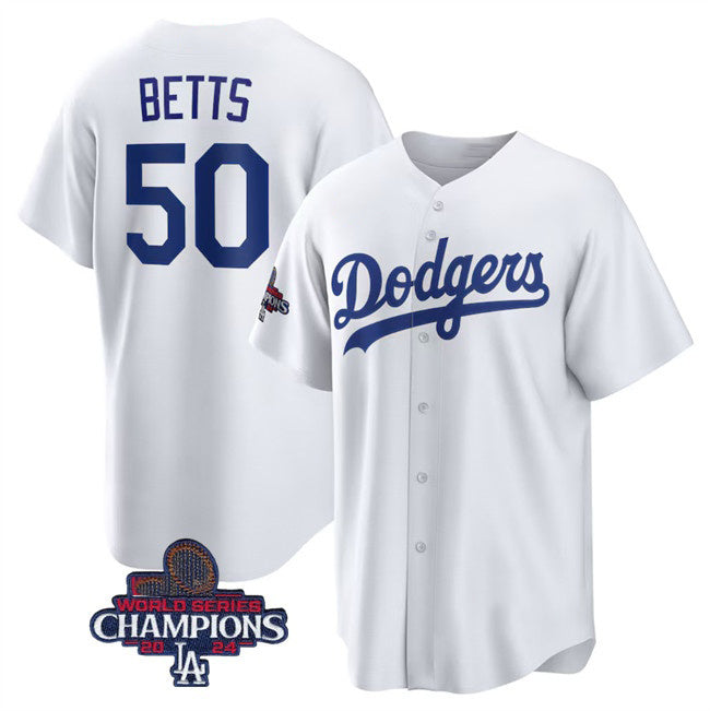 Los Angeles Dodgers #50 Mookie Betts White Puhics 2024 World Series Champions Cool Base Stitched Jersey