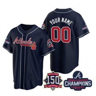 Custom Atlanta Braves Navy Puhics Active Player 2021 World Series Chimpions With 150th Anniversary Cool Base Stitched Jersey