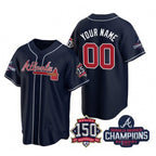Custom Atlanta Braves Navy Puhics Active Player 2021 World Series Chimpions With 150th Anniversary Cool Base Stitched Jersey