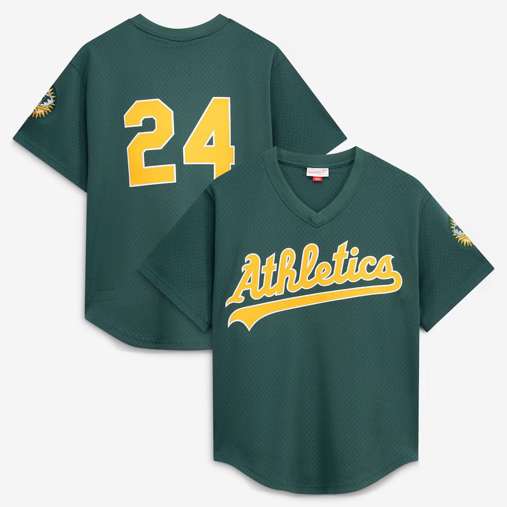 Oakland Athletics #24 Rickey Henderson Mitchell & Ness Green Puhics Authentic Batting Practice Jersey