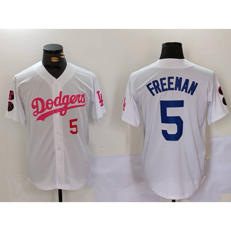 Los Angeles Dodgers #5 Freddie Freeman White Pink Puhics Vin & Kobe Patch Stitched Jerseys