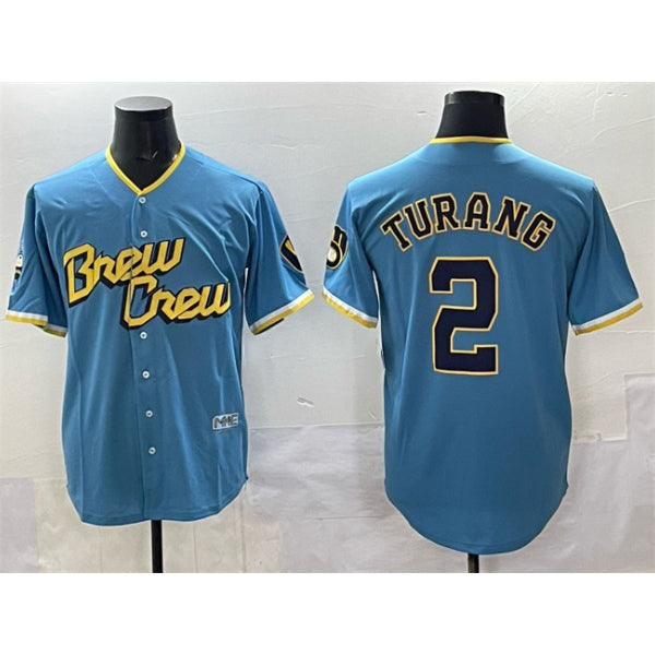 Milwaukee Brewers #2 Brice Turang Powder Blue Puhics City Connect Cool Base Stitched Jersey